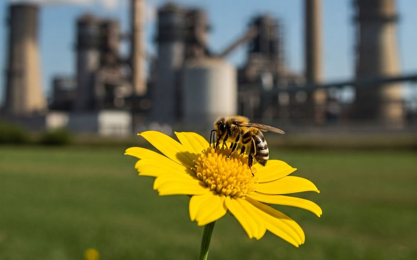 pszczola na kwiatku na tle fabryki